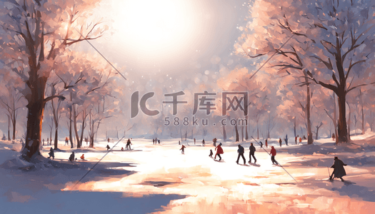 公园运动插画图片_冬天冰雪运动滑雪公园自然户外阳光