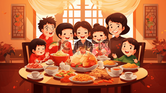 餐桌插图插画图片_彩色春节年夜饭团圆饭插画27
