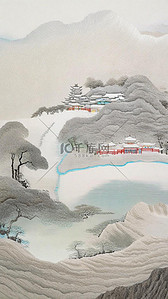 中国风刺绣纹理山水插画矢量插画