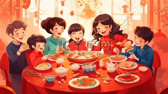 美味的团圆饭插画图片_彩色春节年夜饭团圆饭插画7