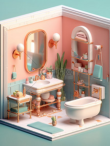 浴室置物架海报插画图片_粉色浴室卡通等距19插画插画海报