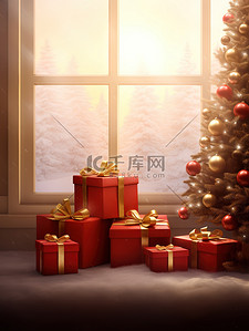 圣诞树矢量插画图片_圣诞树周围的礼物7插画矢量插画