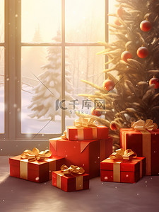 浪漫房间插画图片_圣诞树周围的礼物9插画原创插画