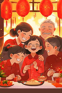 一家人团聚祥和手绘插画新年