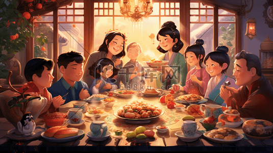 餐桌插图插画图片_彩色春节年夜饭团圆饭插画5