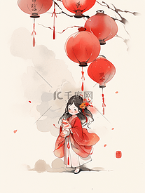 红色中国风女孩插画17