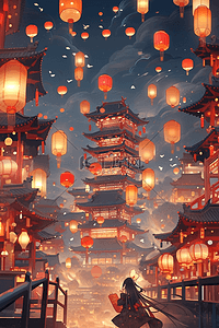 满天飞雪插画图片_灯笼小镇新年手绘插画海报