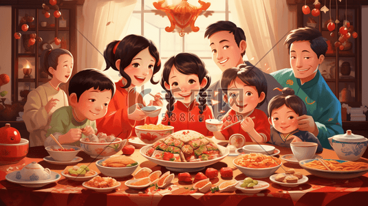 美味的团圆饭插画图片_彩色春节年夜饭团圆饭插画15