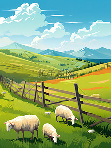 美丽的艺术插画图片_牧场绵羊栅栏美丽的风景13