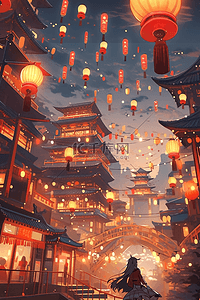 上方布局插画图片_灯笼新年小镇手绘插画海报