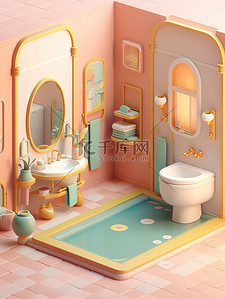 浴室壁柜插画图片_粉色浴室卡通等距5插画图片