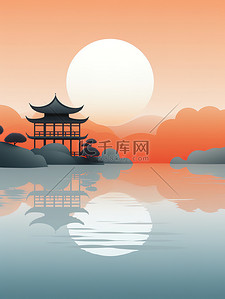 古典中国风湖泊建筑淡橙色渐变13插画插画海报