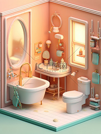 粉色浴室卡通等距1插画插画素材