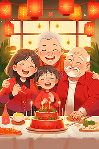 一家人团聚祥和新年手绘插画