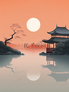 古典中国风湖泊建筑淡橙色渐变3插画插画海报