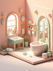 浴室置物架海报插画图片_粉色浴室卡通等距6插画插画海报
