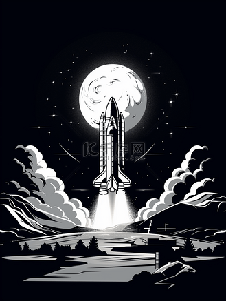 黑白科技感图片素材_黑白火箭发射插画29