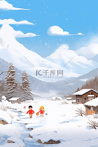 冬天可爱的孩子打雪仗插画手绘