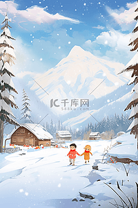 冬天雪地衣服插画图片_可爱的孩子冬天打雪仗手绘插画