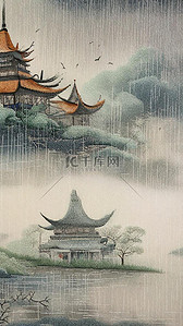 中国风刺绣肌理烟雨楼台插画