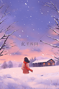 红色蝴蝶结插画图片_唯美雪景手绘插画海报冬天