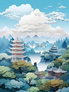 风中纸插画图片_中国风建筑庭院景观剪纸艺术10插画海报