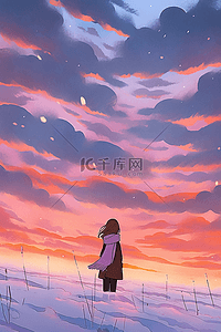 紫色彩云插画图片_冬天唯美夕阳插画手绘海报