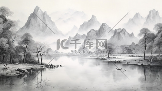 中式山河画水墨风格3插画图片