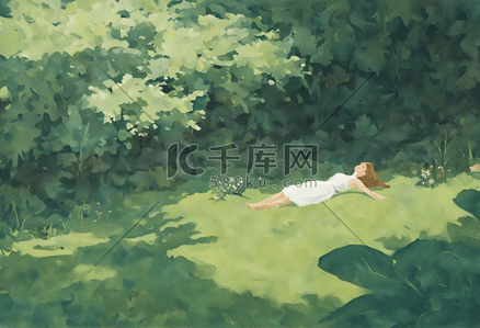女孩猫森林休息安静小清新绿色自然风景插画素材