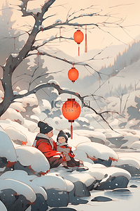 冬天孩子新年赏雪手绘插画海报