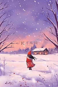 红色蝴蝶结插画图片_插画冬天唯美雪景手绘海报