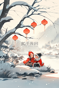 挂在树枝上的灯笼插画图片_新年冬天孩子赏雪手绘海报插画