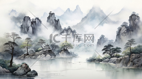 中式山河画水墨风格4插图