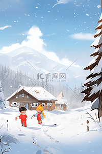 穿着红色的衣服插画图片_插画冬天可爱的孩子打雪仗手绘