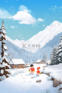 穿着红色的衣服插画图片_手绘冬天可爱的孩子打雪仗插画