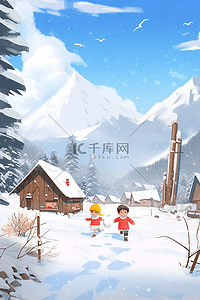 冬天手绘插画可爱的孩子打雪仗