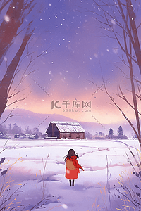 红色蝴蝶结插画图片_冬天唯美插画雪景手绘海报