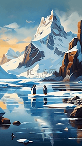 企鹅北极插画图片_动物北极熊企鹅极地北极南极雪景月亮插画海报