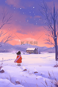 红色蝴蝶结插画图片_雪景冬天唯美手绘插画海报