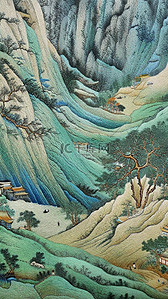 中国风刺绣纹理千里江山图插画插画图片