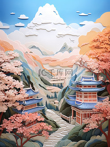 中国风建筑庭院景观剪纸艺术12插画设计