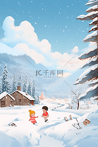 冬天可爱的孩子手绘打雪仗插画