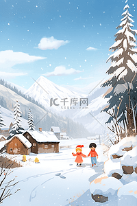打雪仗冬天可爱的孩子手绘插画