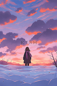 紫色彩云插画图片_手绘海报冬天唯美插画夕阳