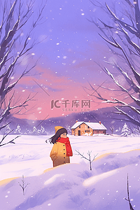 手绘蝴蝶结黄色插画图片_冬天手绘插画唯美雪景海报