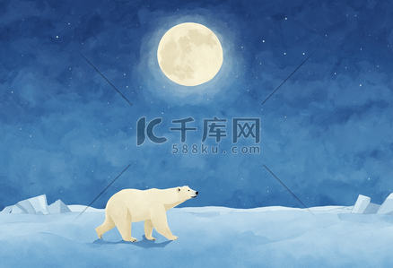 北极熊海平静月亮超现实插画唯美