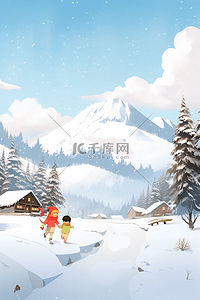 穿着红色的衣服插画图片_冬天可爱的孩子手绘插画打雪仗