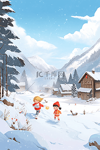 穿着红色的衣服插画图片_冬天手绘可爱的孩子打雪仗插画