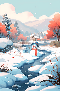冬天可爱的雪人插画图片_冬天可爱的雪人小溪雪景手绘插画