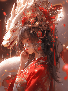 穿着红色的衣服插画图片_龙年新年女孩手绘插画海报